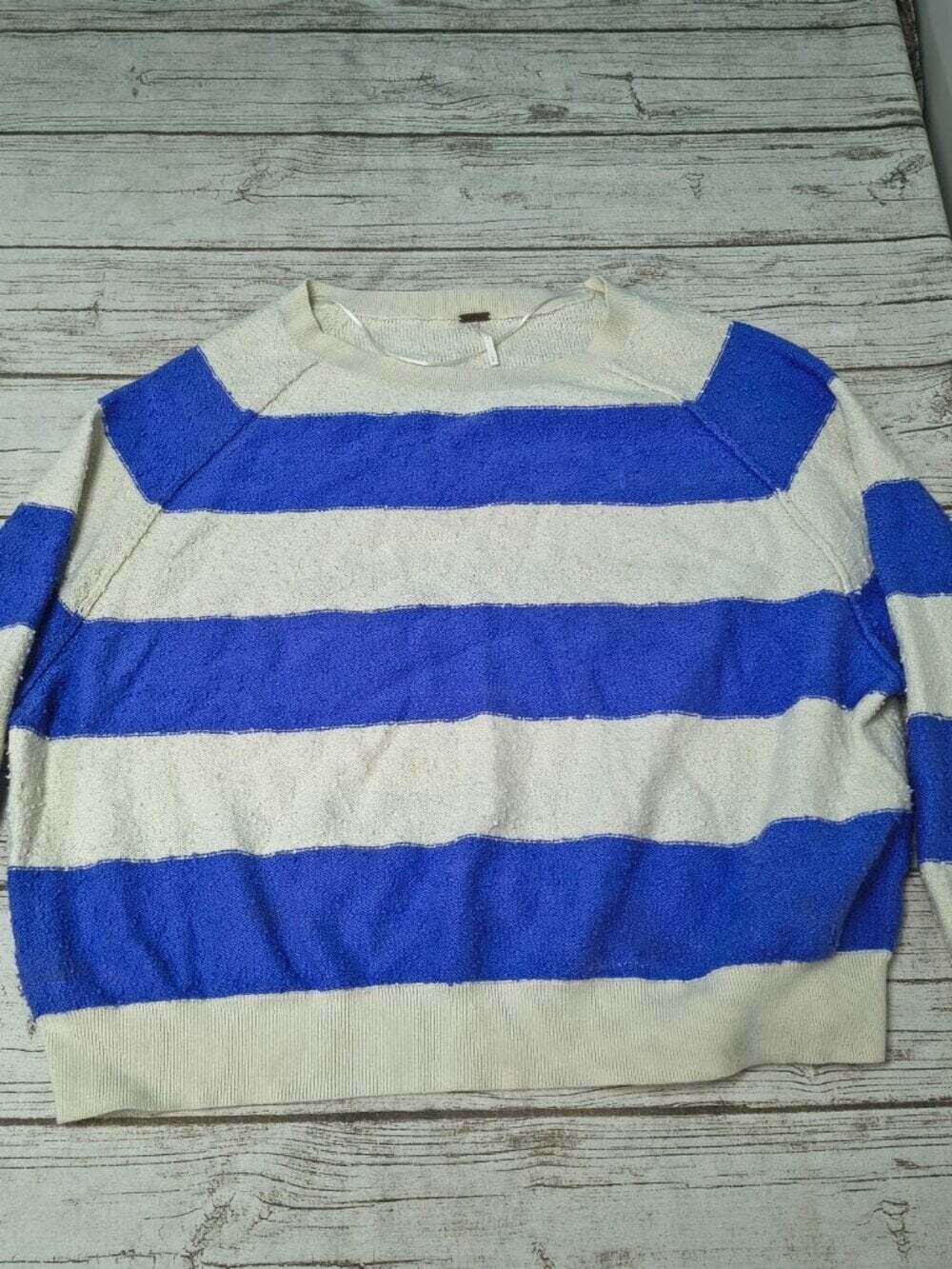 Free People Striped Textured Knit Pullover Sweater Blue White Womens Large